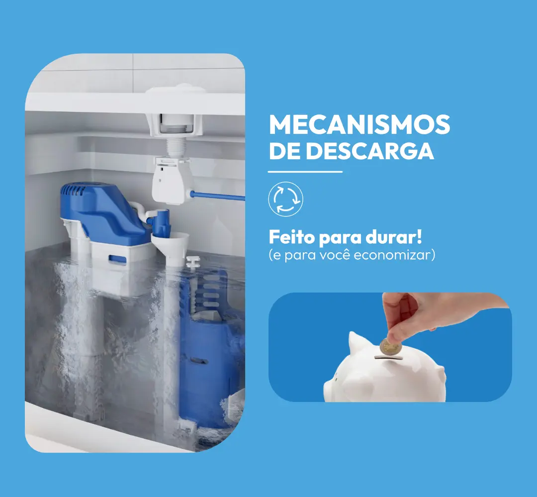 Banner com uma imagem da caixa acoplada sem a parte da frente, mostrando o nível do água e informando sobre a economia que o produto Astra têm