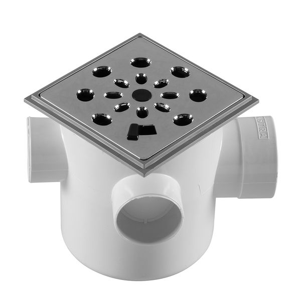 Caixa Sifonada 10 x 12 cm de 3 Entradas com Grelha Anti-Inseto Quadrada em ABS Cromada Astra
