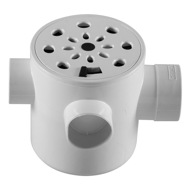 Caixa Sifonada 10 x 12 cm de 3 Entradas com Grelha Anti-Inseto Redonda em PVC Branca Astra